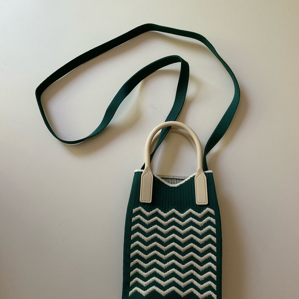 NEW Knit Fabric Small Crossbody Bag Rubber Handles Zig Zag Dark Green Beige Tan